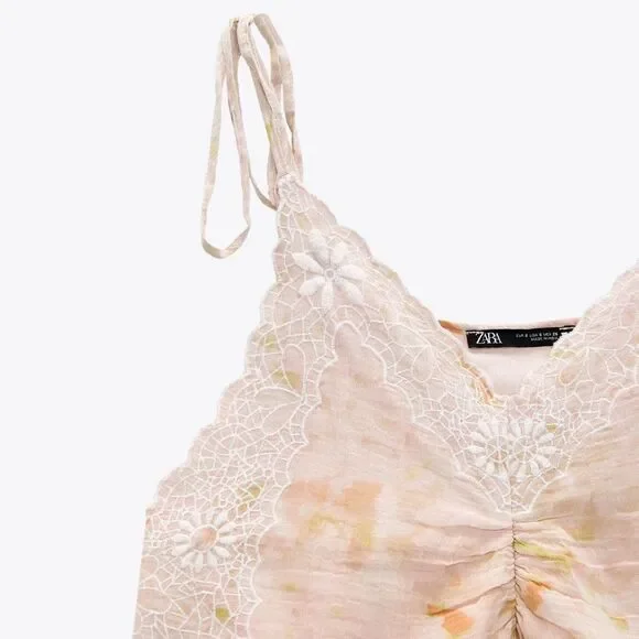 Zara NWT Women’s Pink Embroidered Tie Dye Sleeveless Boho Cami Crop Top Size L - Picture 7 of 12